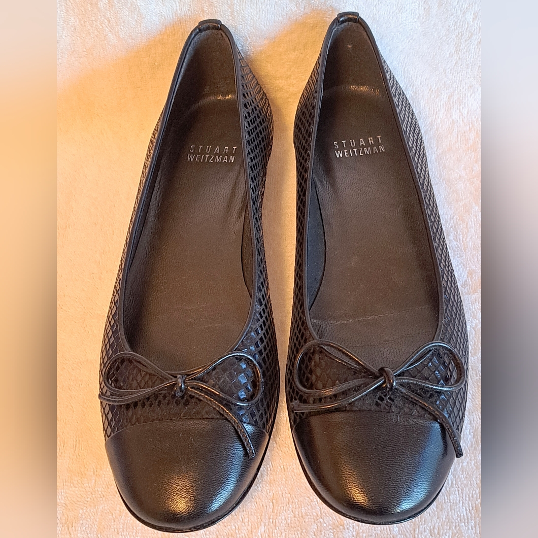 Nwt Stuart Weitzman Black Snake Embossed Cap Toe Ballet Flats Shoes - 7